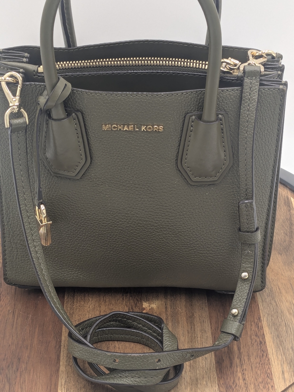 Michael Kors Mercer Medium Olive Green Leather Accordion Satchel Crossbody